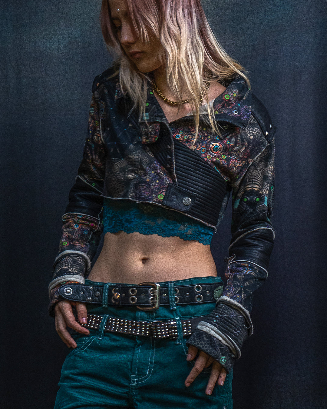 Crop Jacket Woman Neotokyo Punk / Cotton Looper Fake Leather - PSYCHEDELIKA GALACTIKA